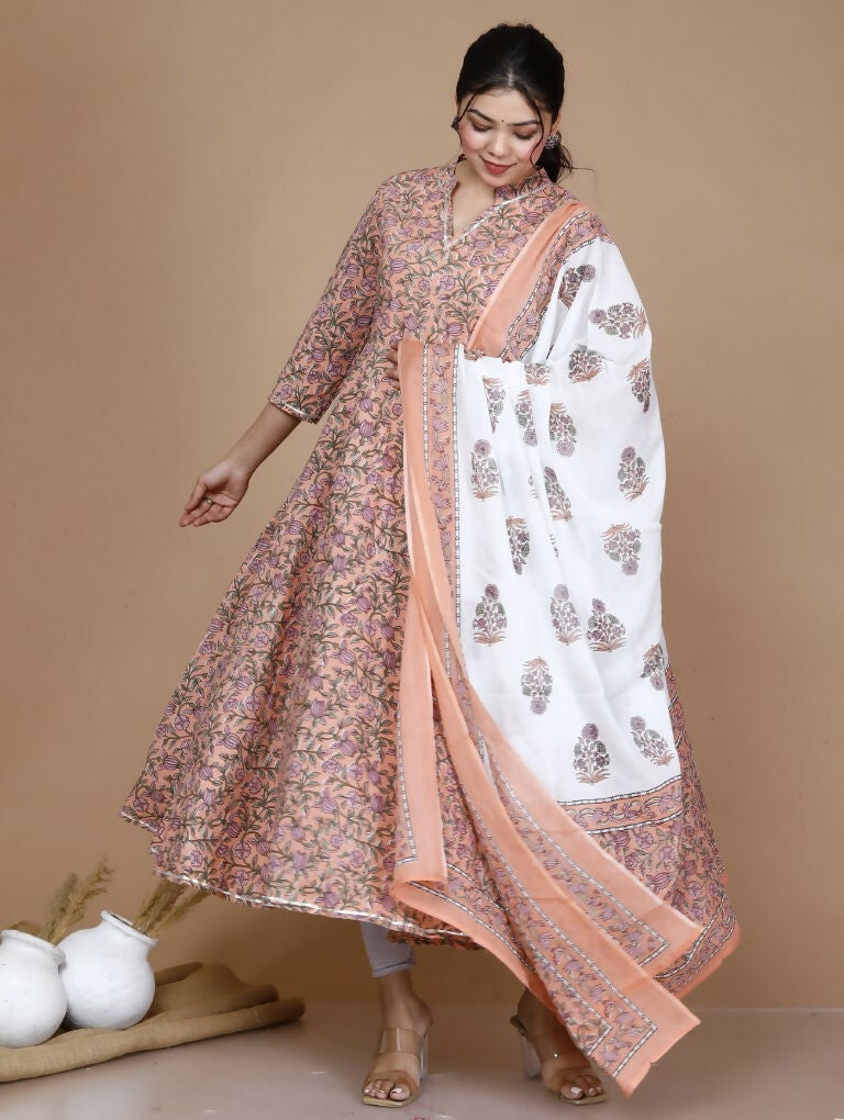 Miravan Women's Surpassing Orange Partywear Floral Printed Anarkali Kurta Dupatta  | Grocsy