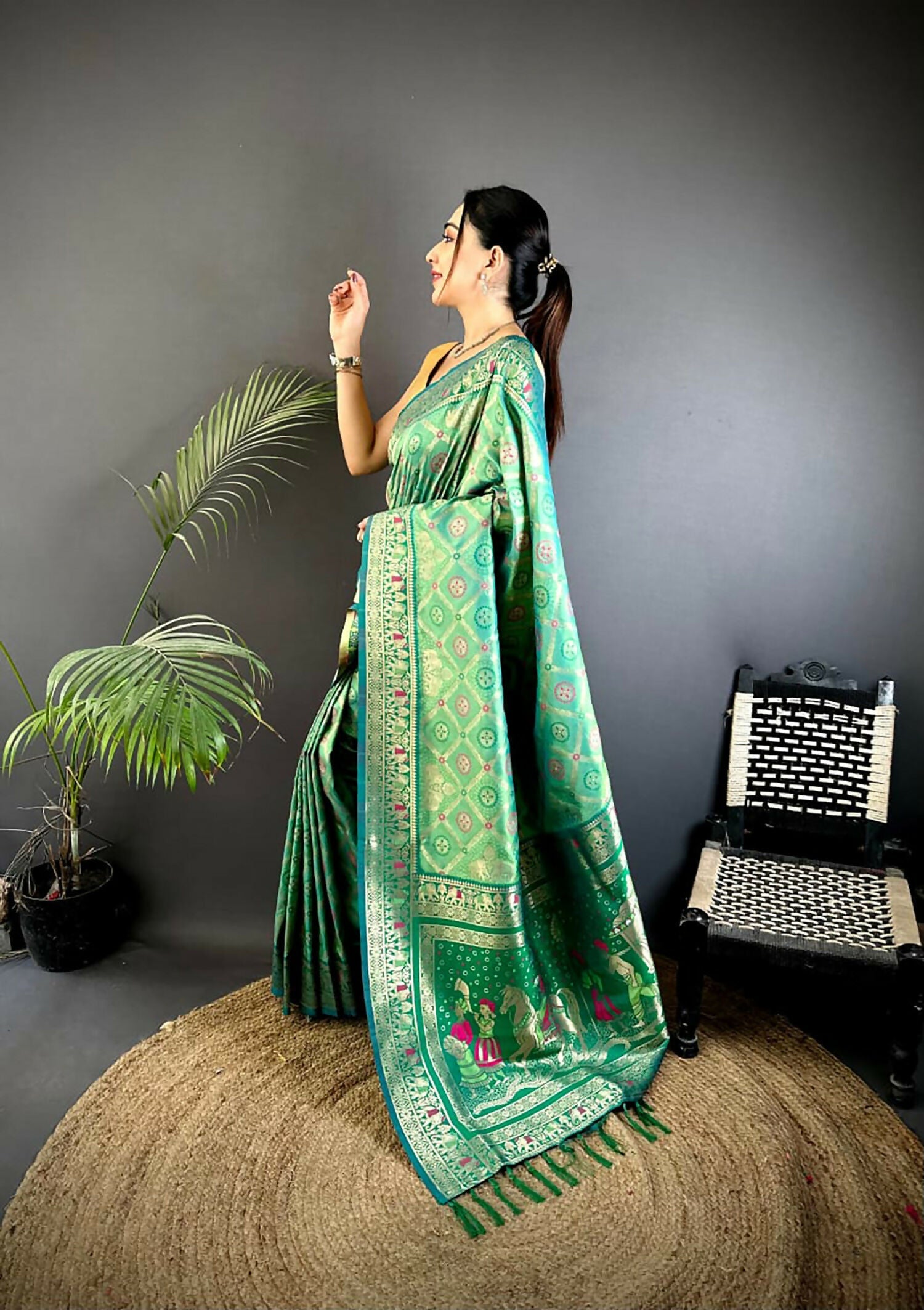 Joban Fashion Bottle Green Butti Motifs Soft Silk Patola Saree | Grocsy