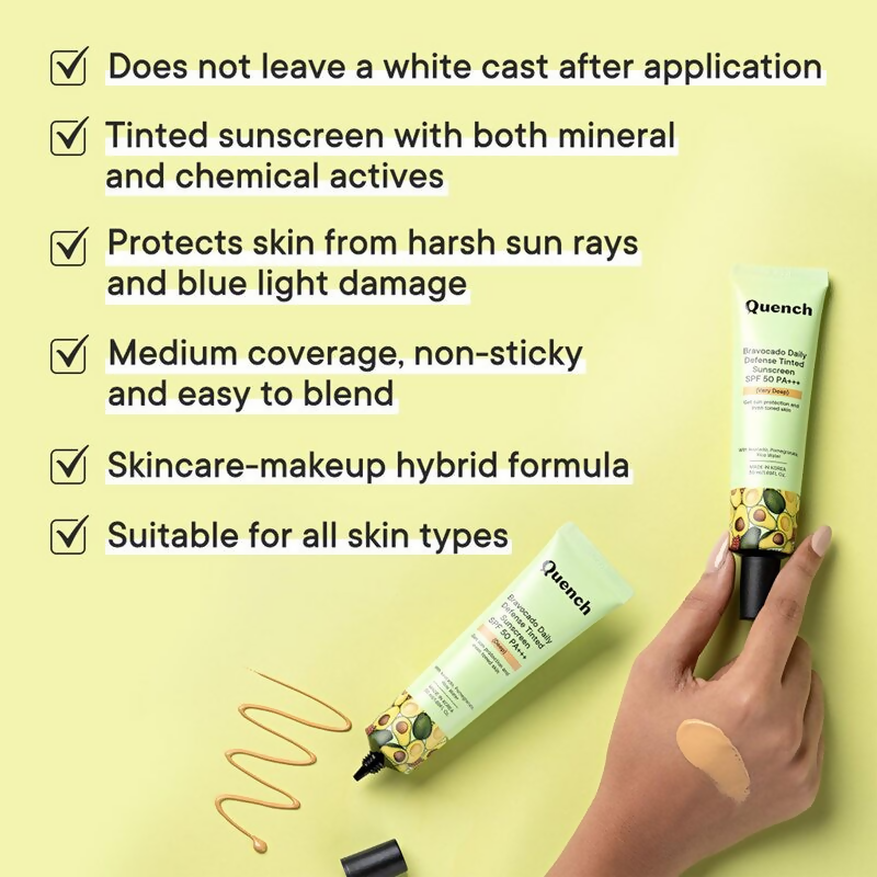 Quench Vitamin E Tinted SPF 50 Sunscreen PA+++ with both Mineral & Chemical Actives (Deep) | Grocsy