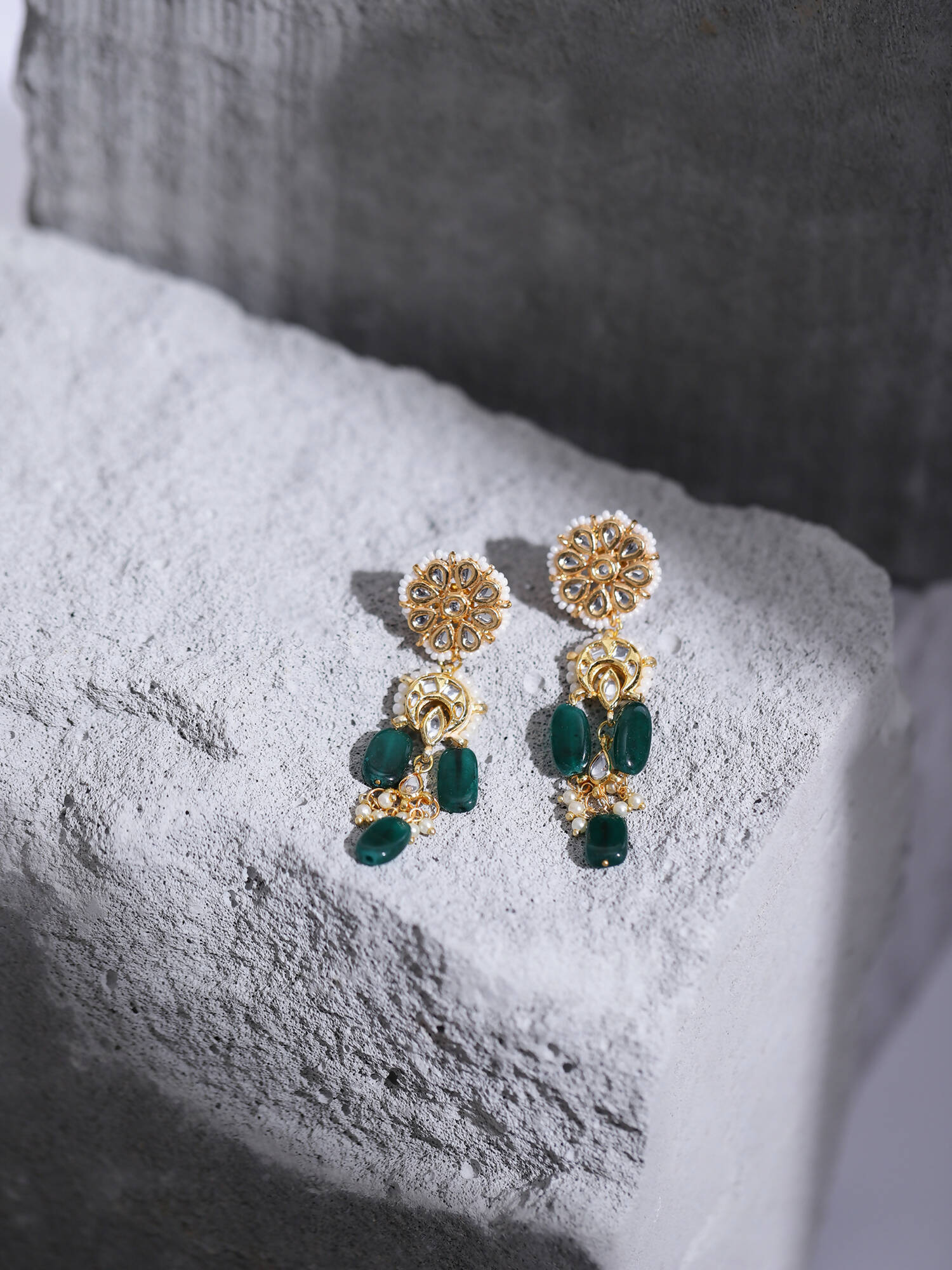 Gold-Toned White Kundan Contemporary Gold-Polished Drop Earrings - Ruby Raang | Grocsy