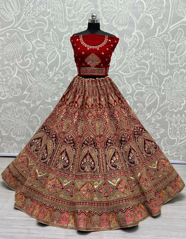 Jyoti Fashion Women's Red Velvet Multi Thread Embroidered with Zircon Diamond Wedding Lehenga Choli | Grocsy