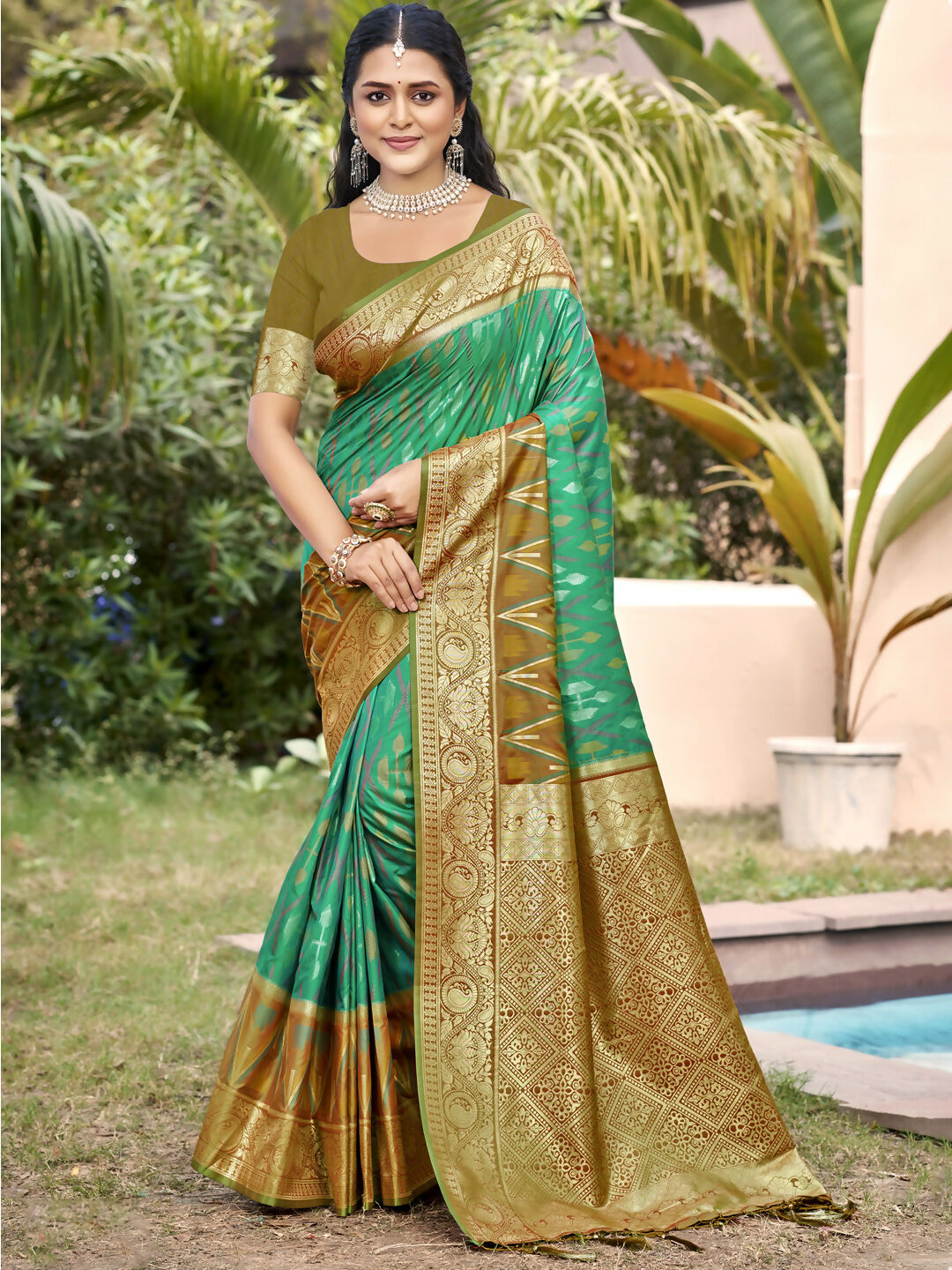 Shree Shyam Fashion Rama Green Pochampally Silk Saree | Grocsy