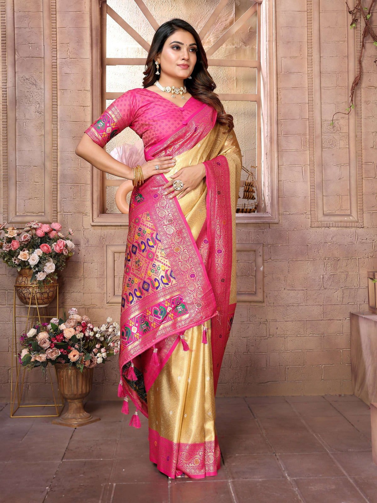 Aastha Fashion Cream Banarasi Tissue Silk Weaving Saree | Grocsy