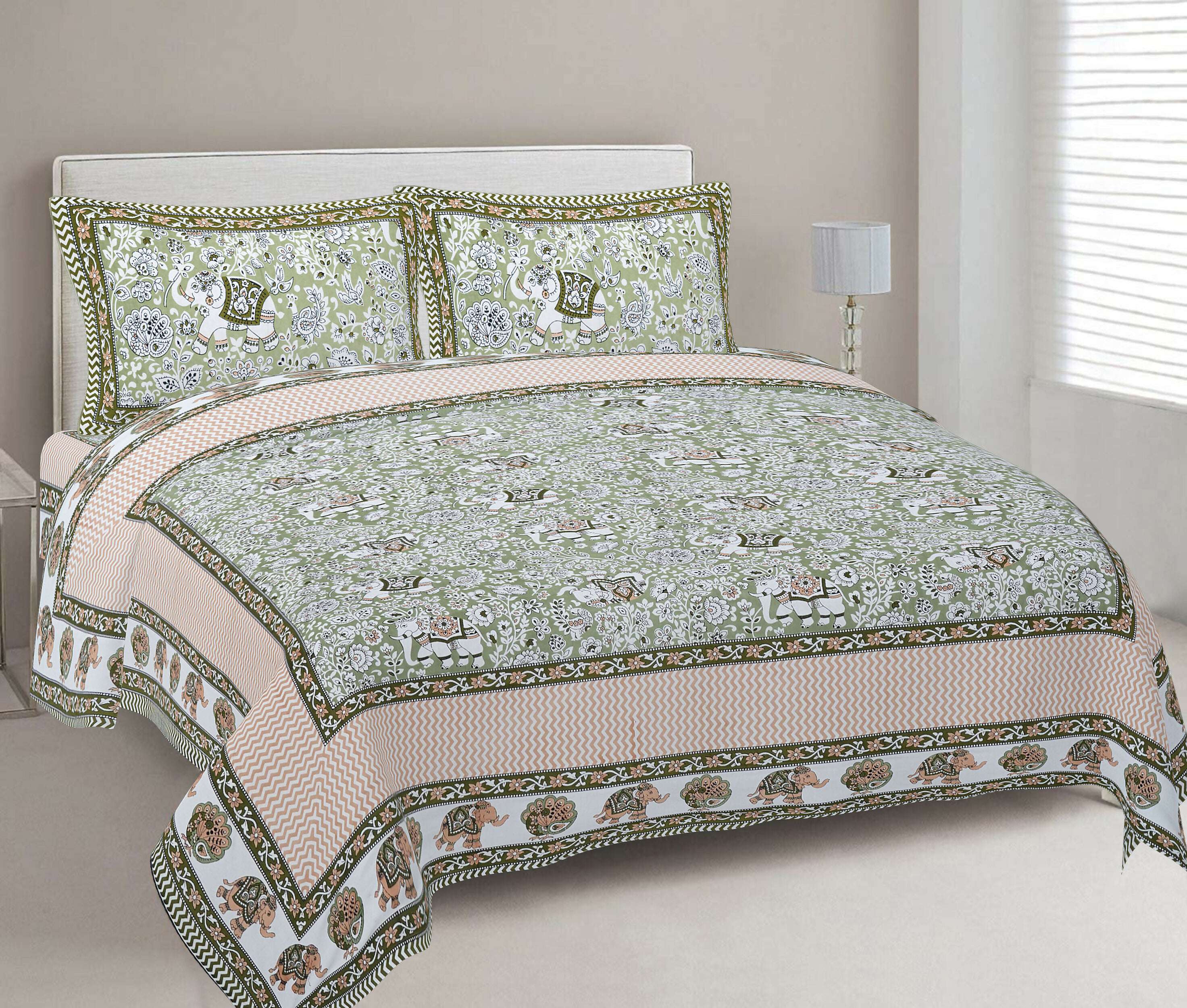 Rudra Bazaar Green 210 TC Cotton Double King Bedsheet With 2 Pillow Covers | Grocsy