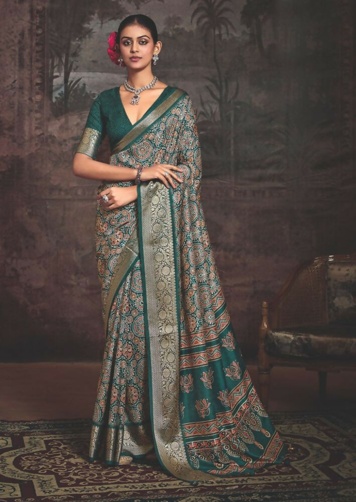 Joban Fashion Rama Green Dola Tussar Silk Self Jacquard Border Saree | Grocsy