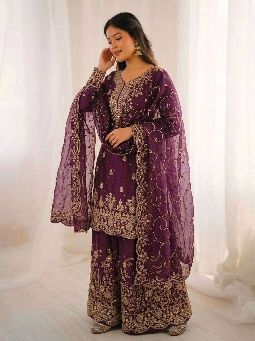 Teeya Creation Wine Color Gymmi Silk Embroidery Work Wedding Wear Sharara Set | Grocsy