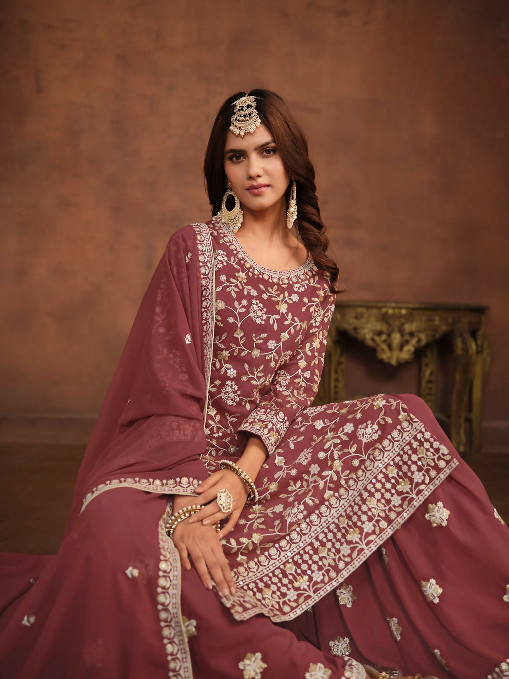 Anaita Brown Embroidered Faux Georgette Salwar Suit | Grocsy