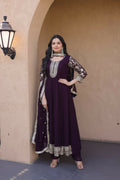 Teeya Creation Wine Faux Georgette Embroidered Anarkali Suit with Dupatta | Grocsy