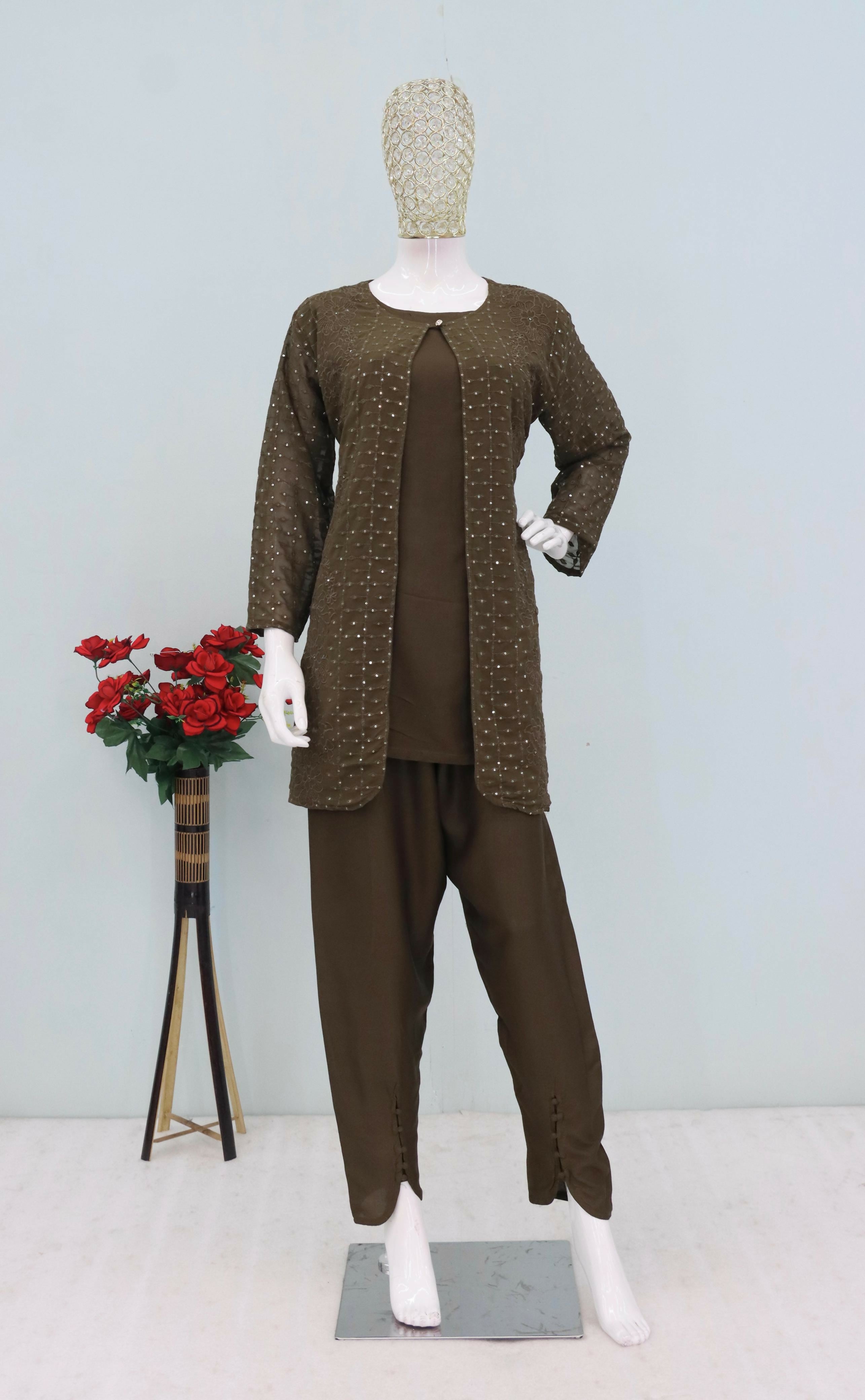 Anaita Mehendi Faux Georgette Readymade 2 Piece Set with Embroidery Work | Grocsy