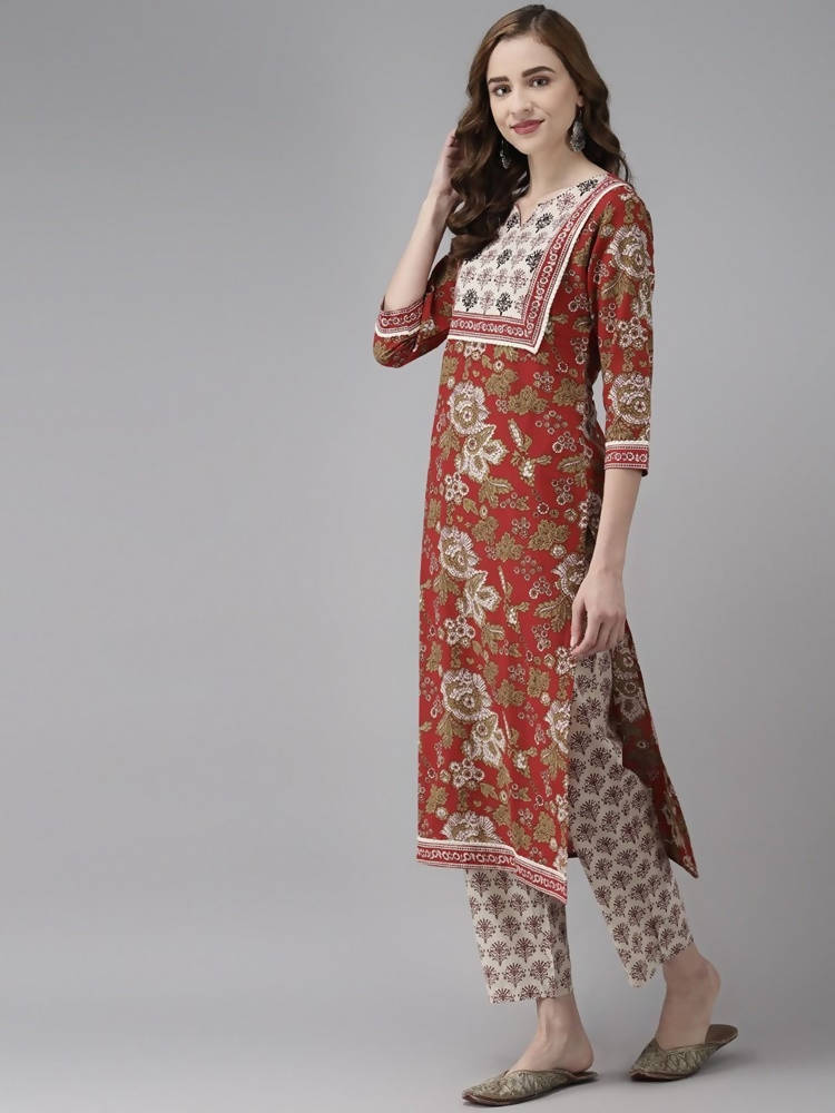 Yufta Women Maroon Floral Printed Regular Thread Work Pure Cotton Kurta with Palazzo & With Dupatta | Grocsy