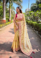 Vastranavya Twill Net Designer Embroidery & Colour Thread & Diamond work Saree with Blouse Material - Yellow | Grocsy