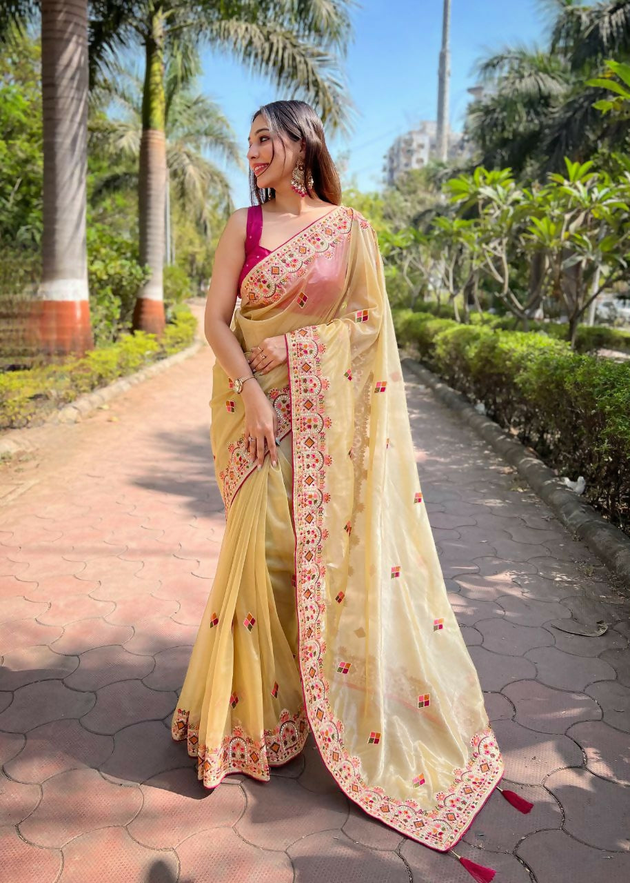 Vastranavya Twill Net Designer Embroidery & Colour Thread & Diamond work Saree with Blouse Material - Yellow | Grocsy