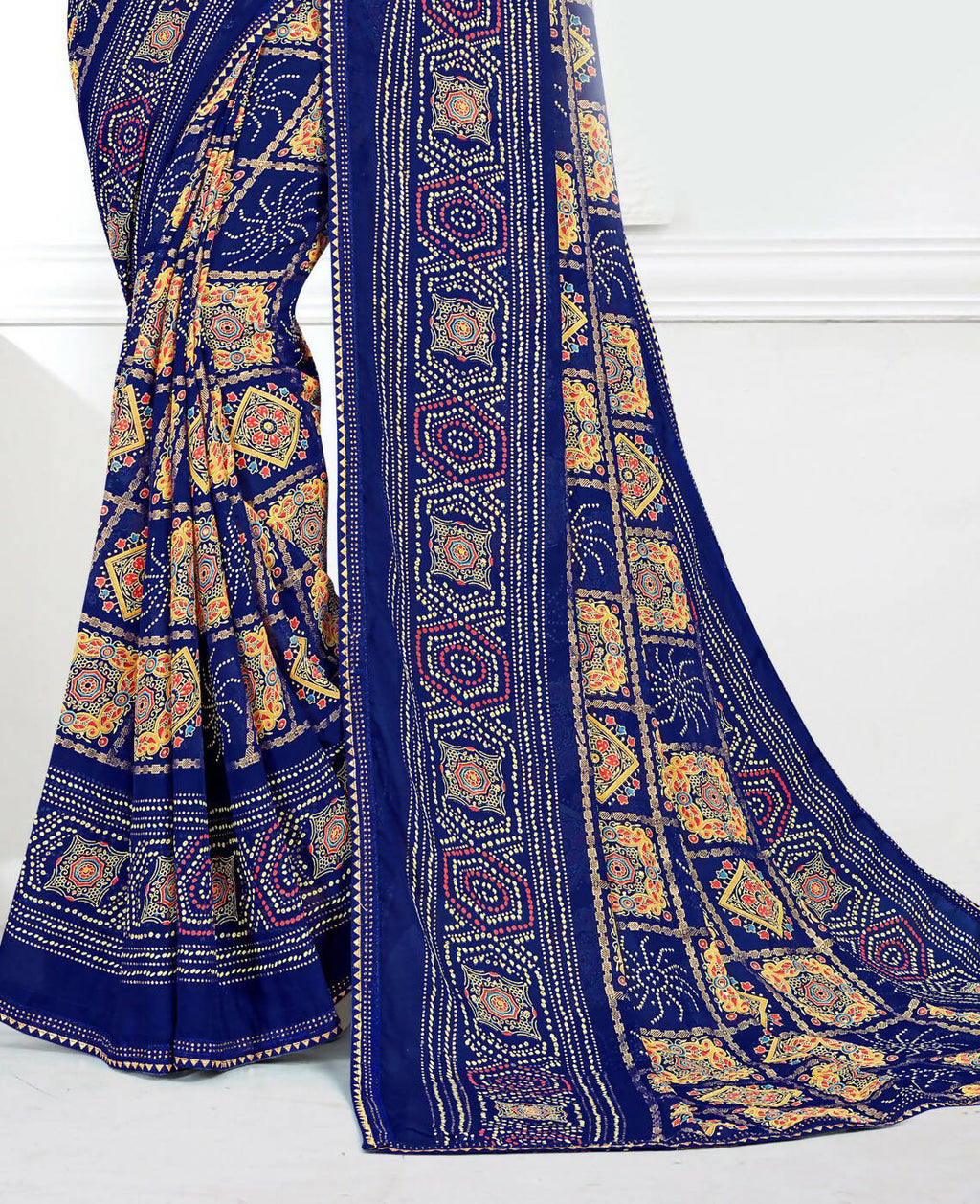 Blue Georgette Bandhani Printed Saree With Unstitched Blouse Piece - Jyoti | Grocsy