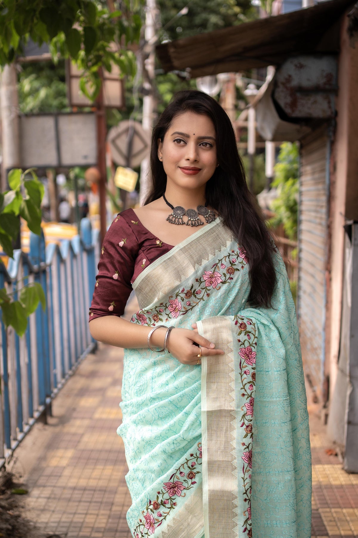 Blue Pure Linen Woven Design Saree with Unstitched Blouse - A2M | Grocsy