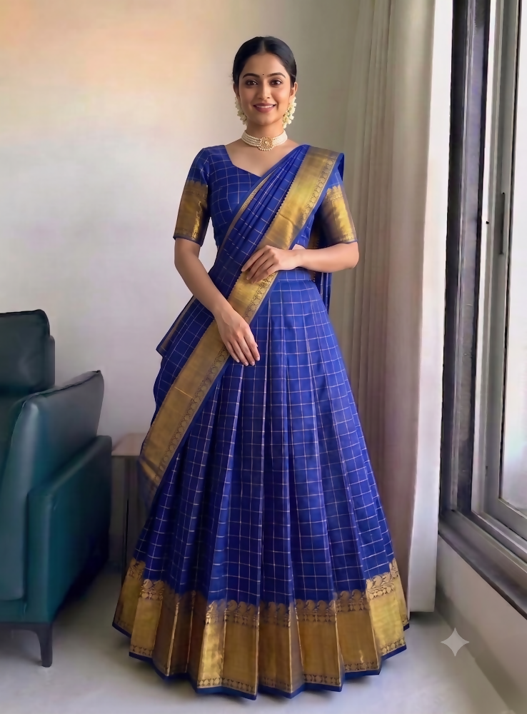 Teeya Creation Vibrant Royal Blue Checkered Silk Lehenga Choli with Antique Gold Border | Grocsy