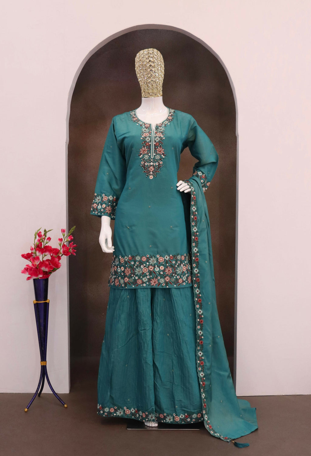 Anaita Turquoise Simar with Embroidery Multi & Zarkhan Work Readymade Palazzo suit | Grocsy