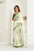 Vastranavya Green Digital Printed Linen Ready To Wear Designer Saree with Unstitched Blouse | Grocsy