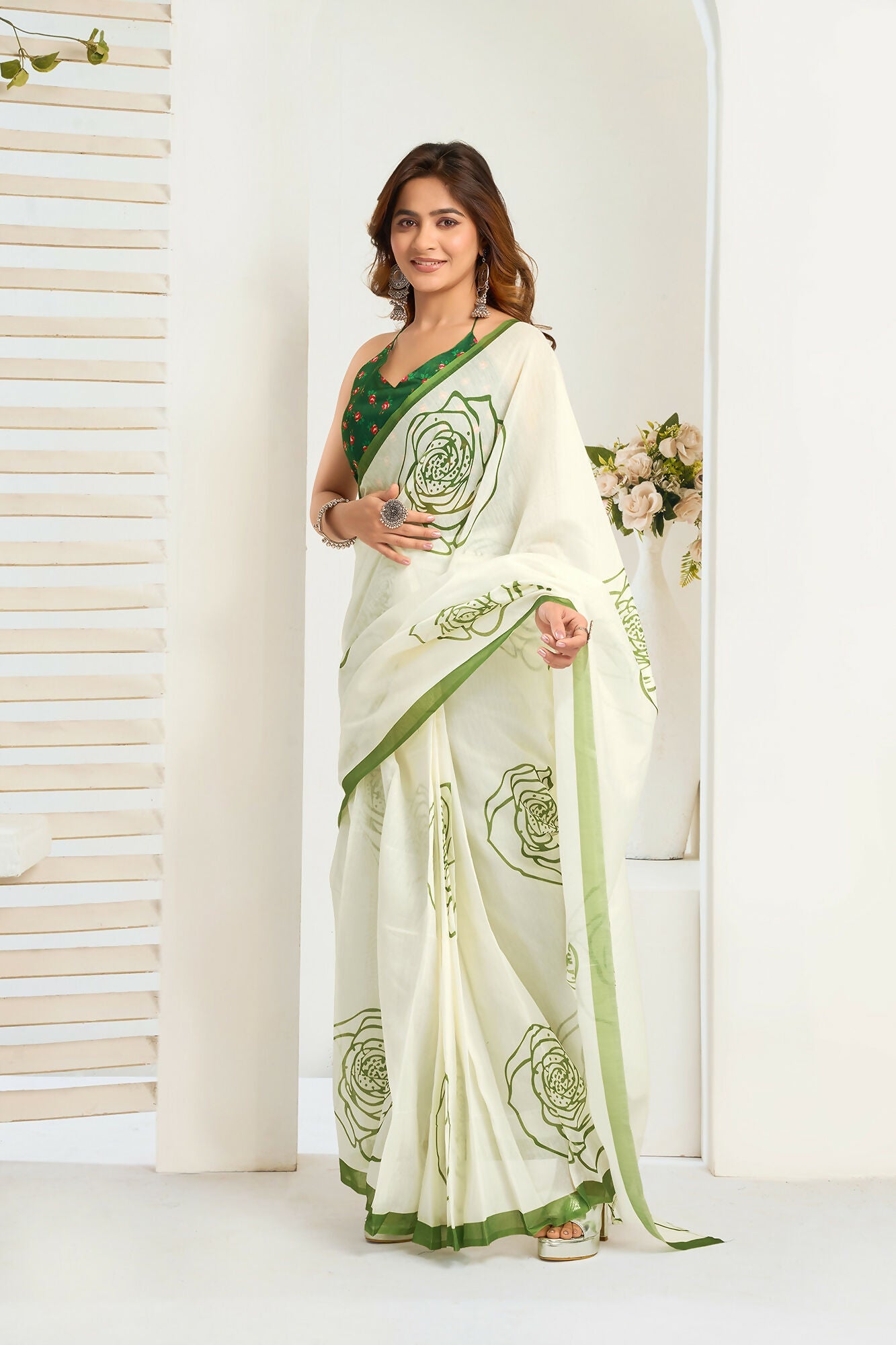 Vastranavya Green Digital Printed Linen Ready To Wear Designer Saree with Unstitched Blouse | Grocsy