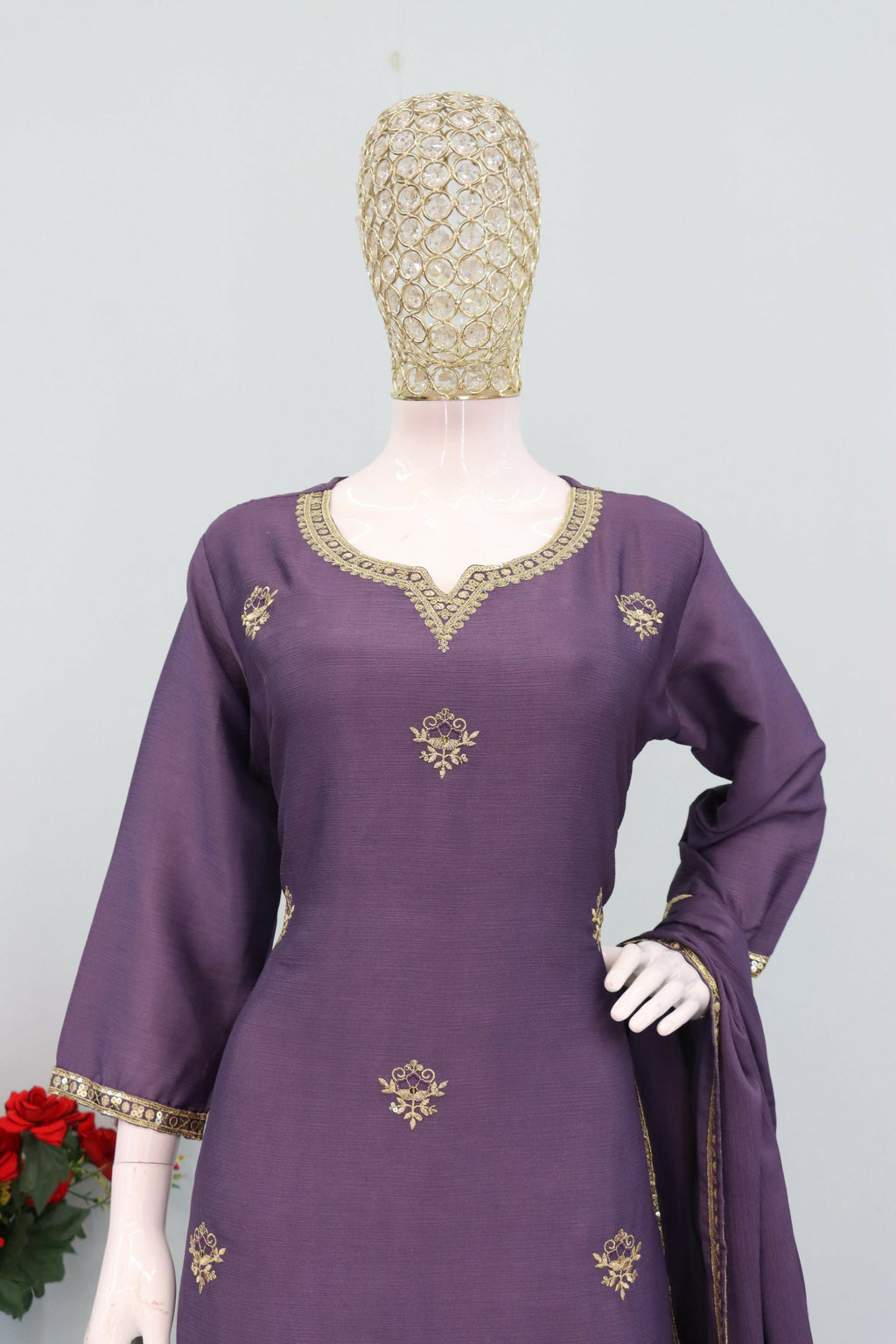 Teeya Creation Onion Color Chinon Silk Heavy Embroidery Work Party Wear Palazzo Set | Grocsy