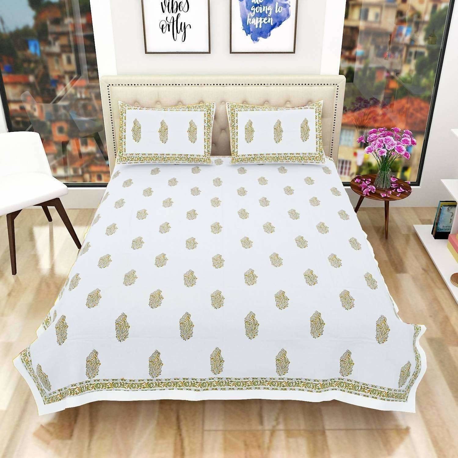 Premium Hand Block Printed Rajasthani Double Bedsheet Bedspread with 2 Pillow Covers | Grocsy
