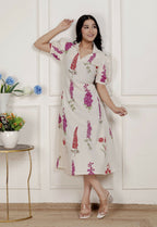 Miravan Womens Off White Flower Printed Cotton Flex Maxi Dress | Grocsy