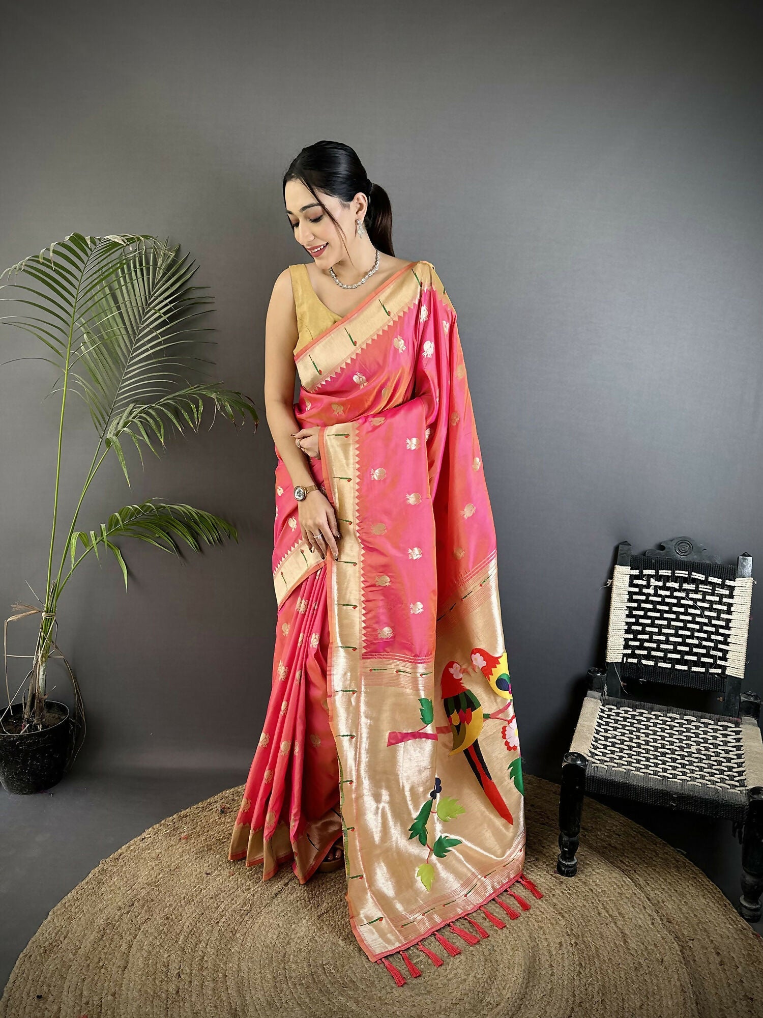 Joban Fashion Peach Peacock & Floral Motifs Soft Silk Kanchipuram Saree | Grocsy