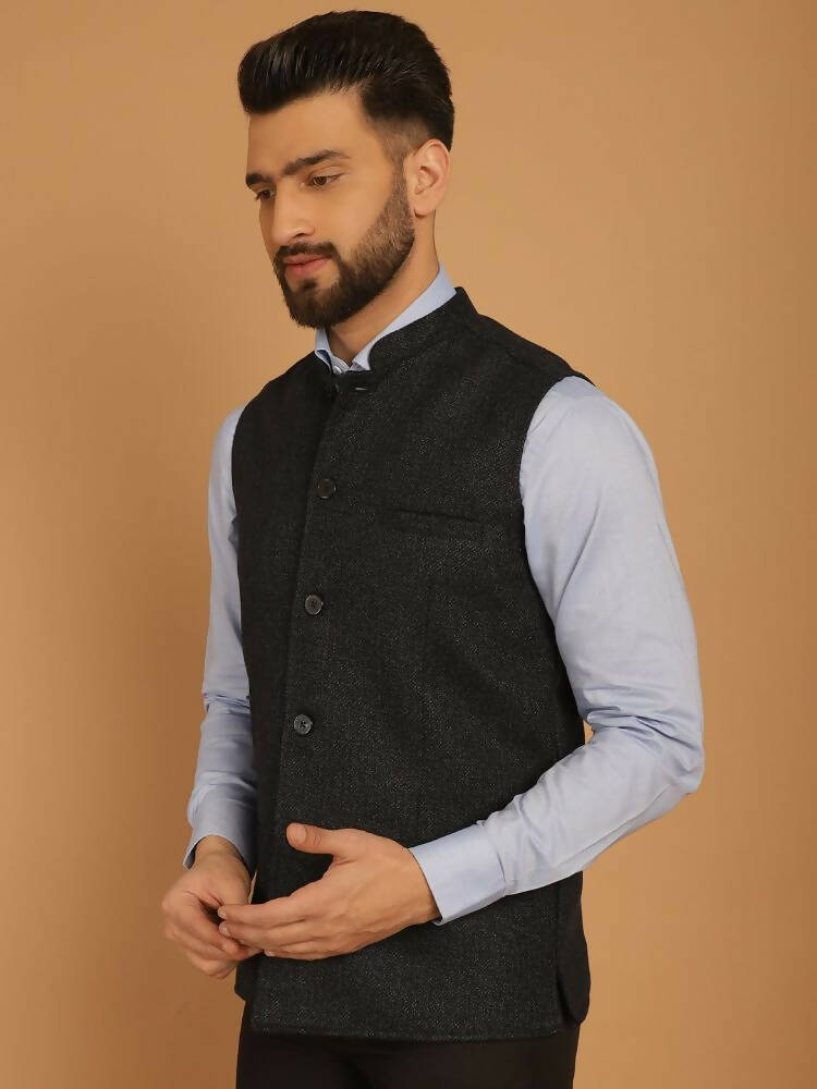 Even Apparels Pure Wool Nehru Jacket - Blue | Grocsy