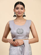 Grey Satin Solid Ready to wear Saree with stitched Blouse - Vanita | Grocsy
