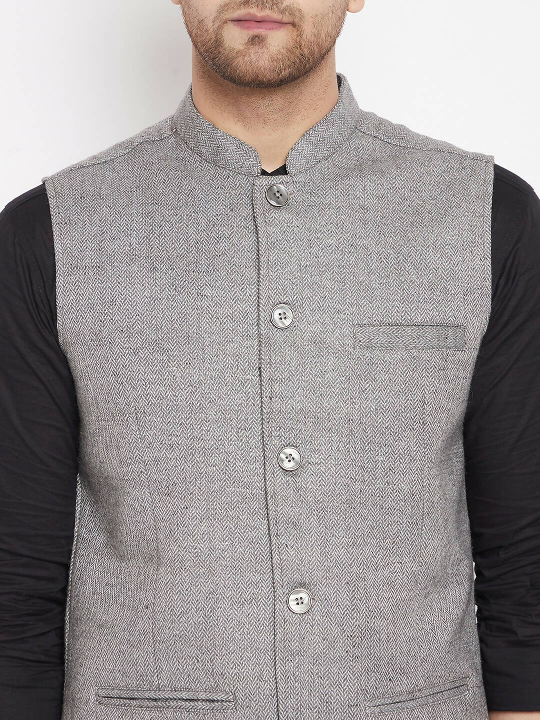 Even Apparels Grey Wool Men Woven Nehru Jacket WL730 | Grocsy