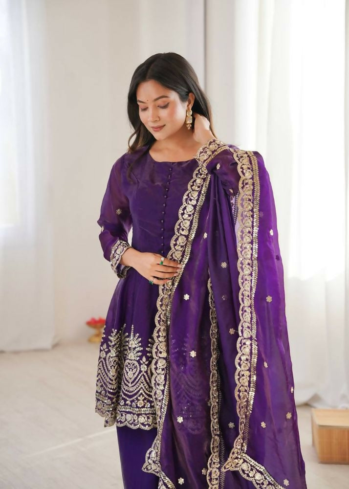 Teeya Creation Purple Color Fendy Satin Silk Embroidery Work party Wear Salwar Suit | Grocsy