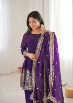 Teeya Creation Purple Color Fendy Satin Silk Embroidery Work party Wear Salwar Suit | Grocsy