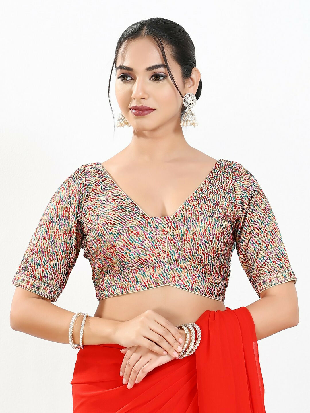 Joban Fashion Multi Mulberry Silk Padded Blouse With V Neck Elbow Sleeves | Grocsy