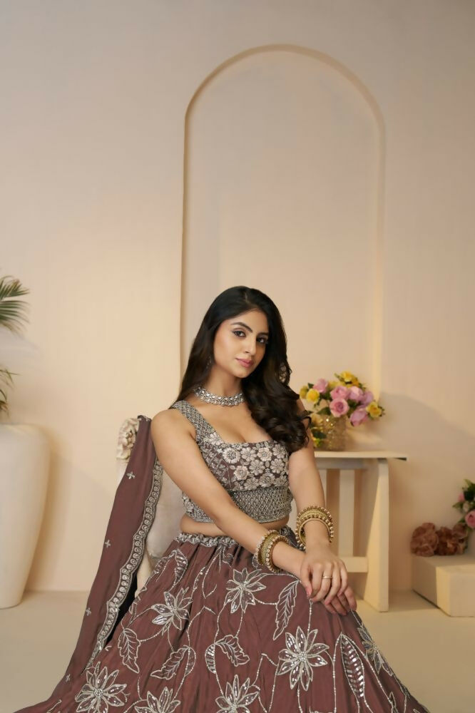 Kesar Fab Dark-Onion-Pink Silk Embroidered Lehenga | Grocsy