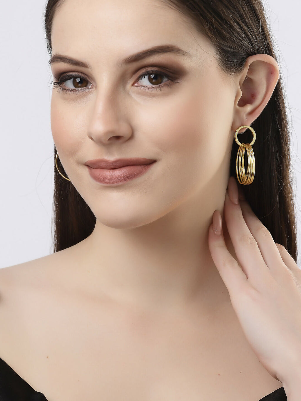 NVR Women Golden Linked Round Circle Attached Drop Earrings | Grocsy