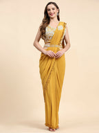 Yellow Lycra Solid Ready to wear Saree with stitched Blouse - Vanita | Grocsy