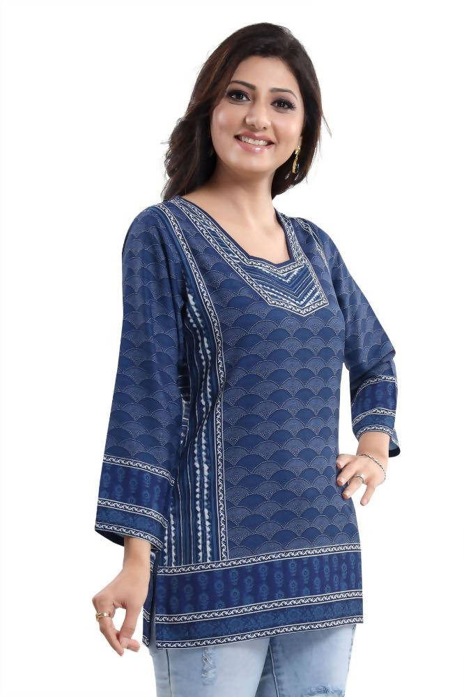 Snehal Creations Indigo Blue Summer Cool Short Kurti Tunic Top | Grocsy