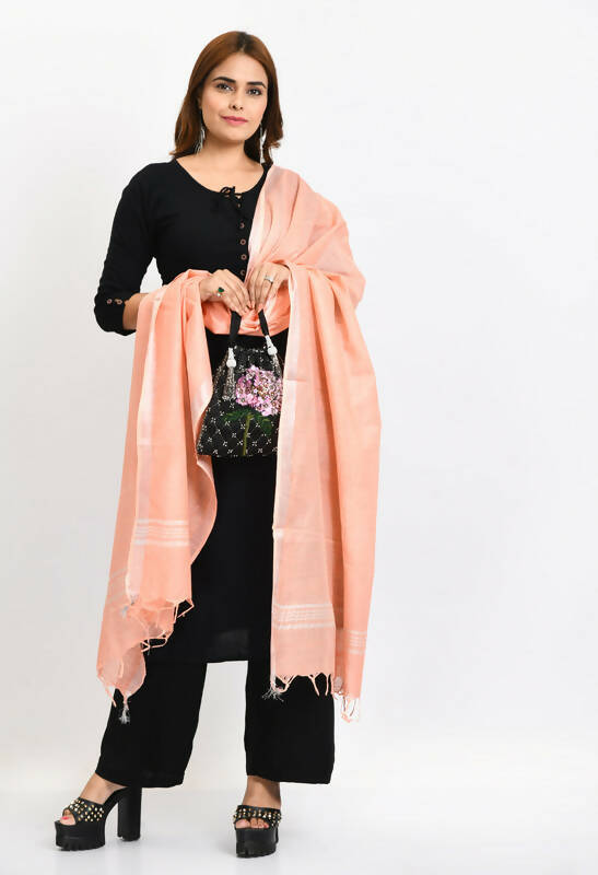 Mominos Fashion Moeza Women's Linen Cotton Silver Border Peach Dupatta | Grocsy
