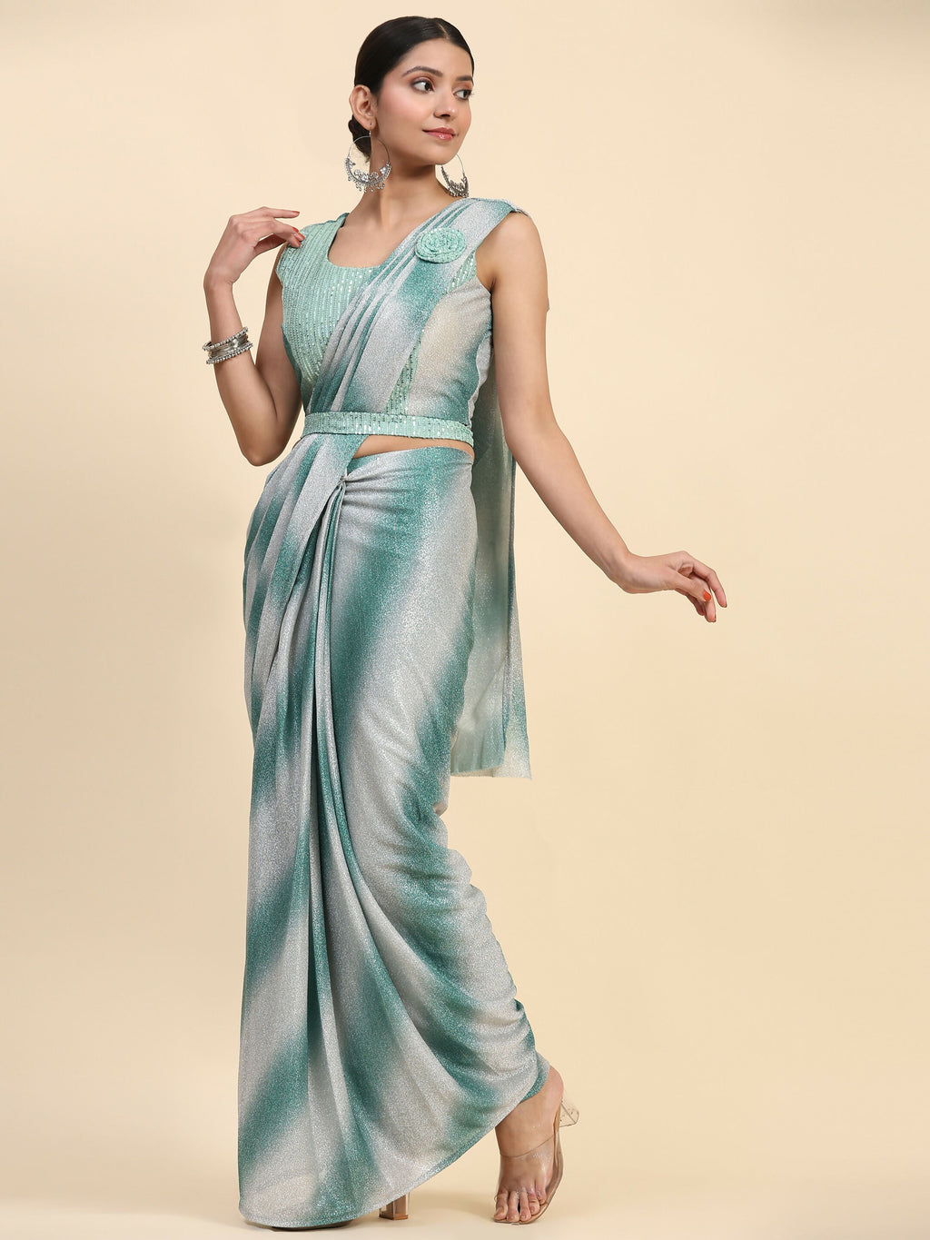 Sea Green Polyester Solid Ready to Wear Saree with stitched Blouse - Aayan | Grocsy