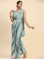 Sea Green Polyester Solid Ready to Wear Saree with stitched Blouse - Aayan | Grocsy