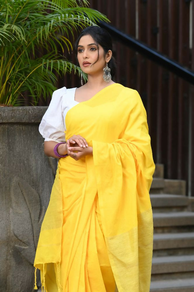 Beatitude Yellow Cotton Ghicha Pallu Saree | Grocsy