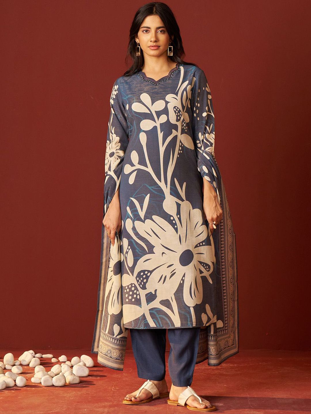 Indo Era Women Floral Printed Beads and Stones Kurta with Trousers & Dupatta Kurta Sets | Grocsy