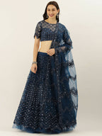 House of Panchhi Navy Blue Net Semi Stitched Coding, Sequins and Mirror work Lehenga Choli | Grocsy