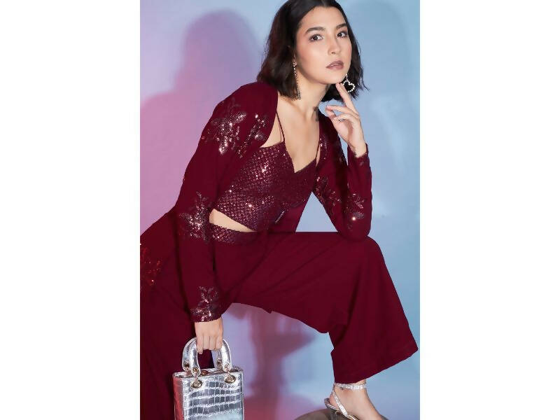 Red Georgette Sequence With Thread Designer Co-Ord Set - Flory | Grocsy