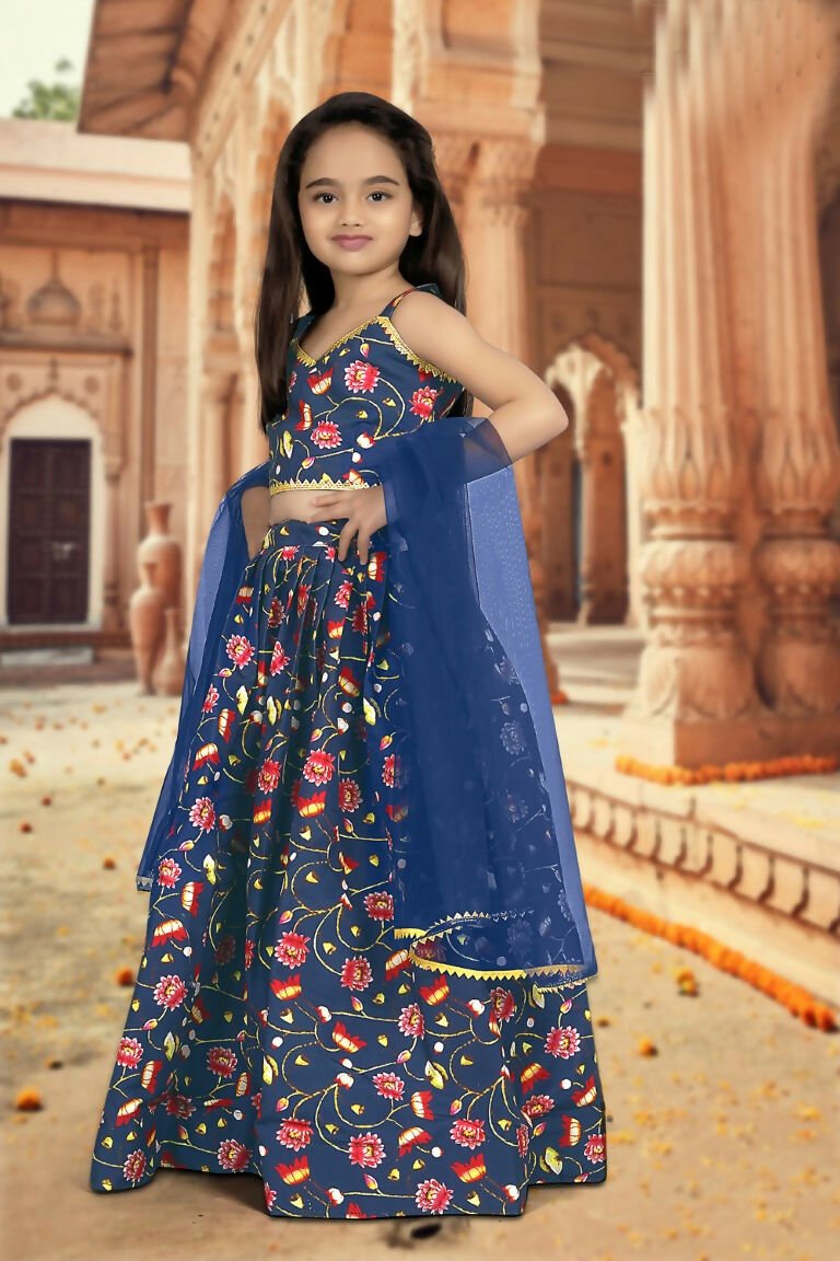 Aayaa Designer Printed Silk Blue Kids Lehenga Choli - Blue | Grocsy