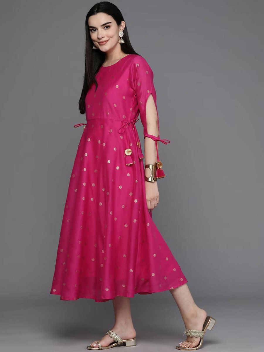 Ahalyaa Women Foil Printed A-Line Midi Ethnic Dress - Pink Color | Grocsy