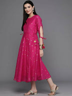 Ahalyaa Women Foil Printed A-Line Midi Ethnic Dress - Pink Color | Grocsy