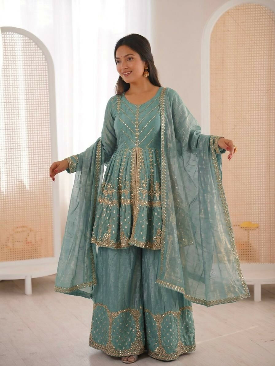 Teeya Creation New Womens Trendy Embroidery Sequence Work Teal Kurta Set | Grocsy