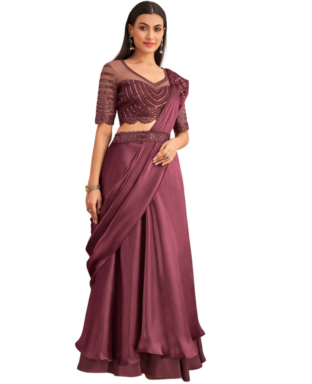Wine Satin Embroidered Ready To Wear Saree With Unstitched Blouse Piece - Nandika | Grocsy