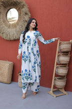 Teeya Creation Womens New Trendy Summer War Printed Cotton Gown Set-Blue | Grocsy
