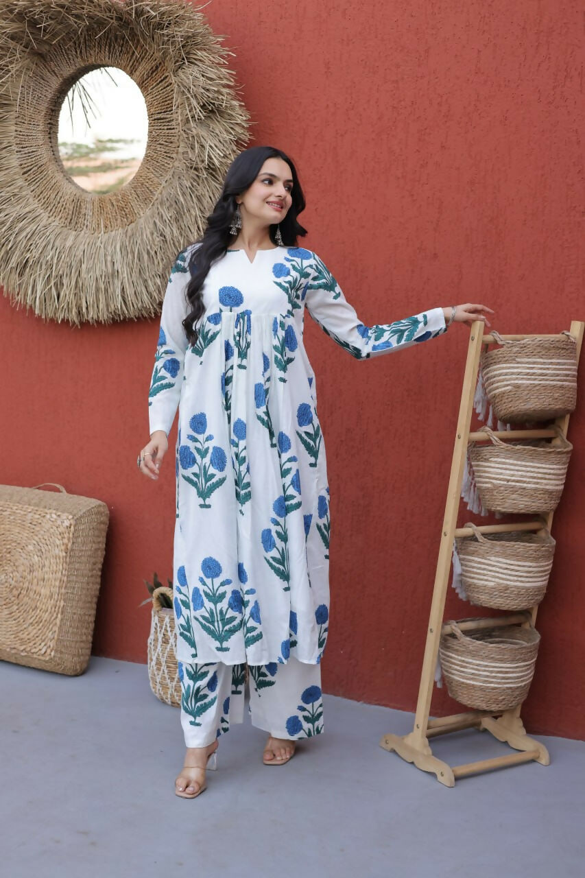 Teeya Creation Womens New Trendy Summer War Printed Cotton Gown Set-Blue | Grocsy